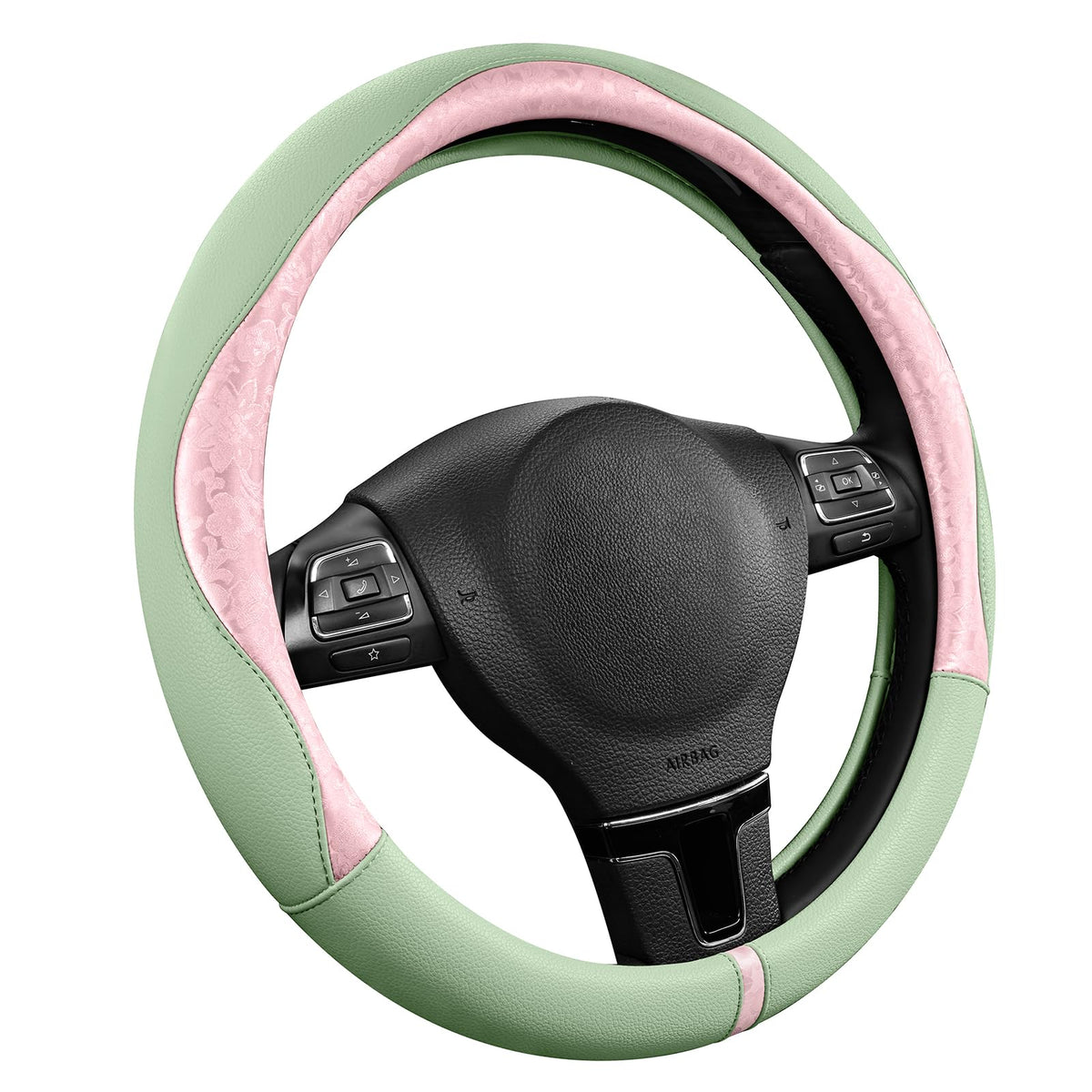 PIC AUTO Steering Wheel Cover, Green Patterned Leather Patchwork Design, Universal Fit 14.5"–15.5", Anti-Slip, Odor-Free, Soft PU Grain Leather, Durable Grip Car Accessory for Girls & Women