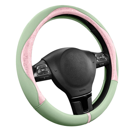 PIC AUTO Steering Wheel Cover, Green Patterned Leather Patchwork Design, Universal Fit 14.5"–15.5", Anti-Slip, Odor-Free, Soft PU Grain Leather, Durable Grip Car Accessory for Girls & Women
