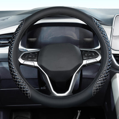 Coverado Car Steering Wheel Cover, Nappa Leather Black & Gray Steering Wheel Covers, Universal 14-15 inch, Anti-Slip, Breathable Steering Wheel Protector for Women Men