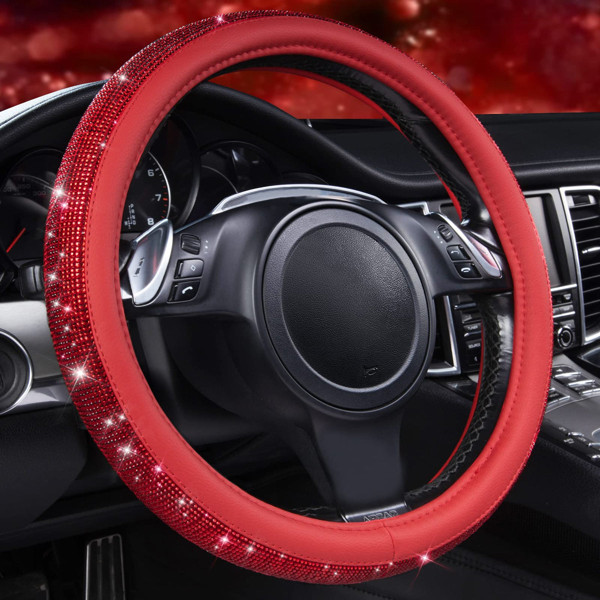 CAR PASS Bling Diamond Steering Wheel Cover Leopard Pattern, Sparkly Crystal Glitter Rhinestones Black Leather Wheel Protect for Women Girl Fit Suvs,Vans,Sedans,Cars,Trucks, 14" 1/2-15" Gold Leopard