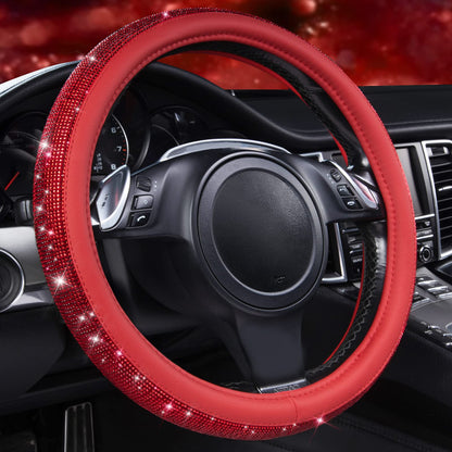 CAR PASS Bling Diamond Steering Wheel Cover Leopard Pattern, Sparkly Crystal Glitter Rhinestones Black Leather Wheel Protect for Women Girl Fit Suvs,Vans,Sedans,Cars,Trucks, 14" 1/2-15" Gold Leopard