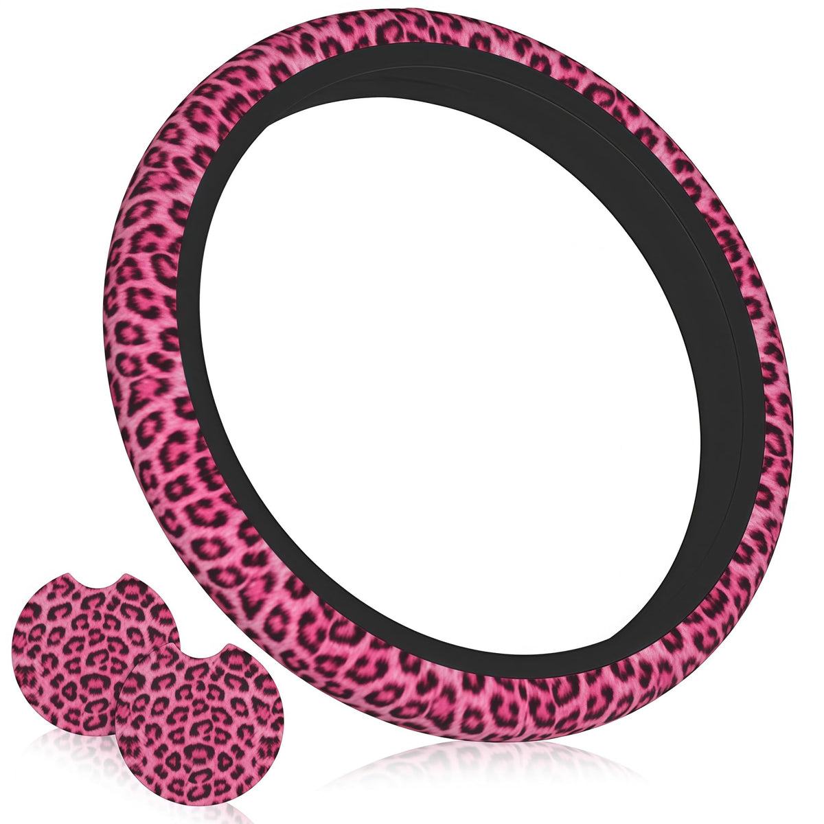 Wildflower Car Steering Wheel Cover 15 in, 2 Cute Floral Car Coasters