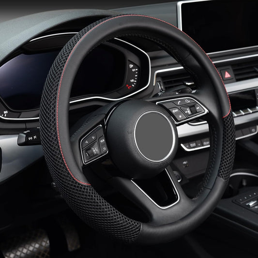 KAFEEK Steering Wheel Cover, Cooling Ice Silk Leather, 15 Inch, Black