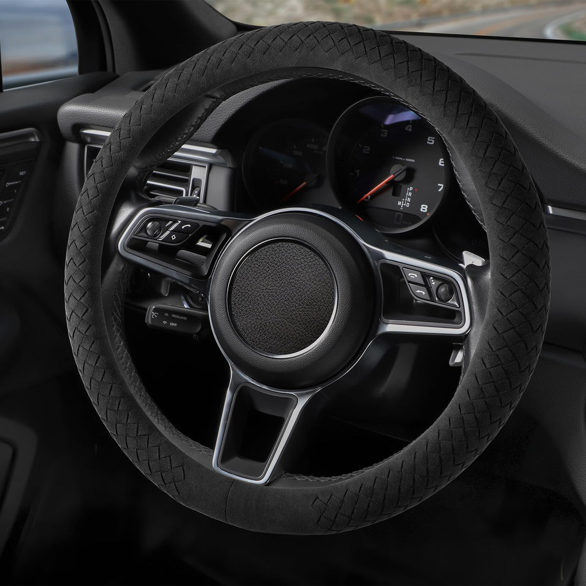 Suede Steering Wheel Cover with Upgraded Silicone Inner Ring, Breathable, Anti-Slip, Leather Universal 14.5 to 15 Inch Steering Wheel Cover (Black with Red Mark)