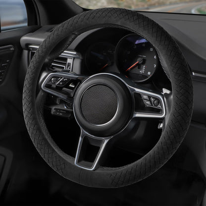 Suede Steering Wheel Cover with Upgraded Silicone Inner Ring, Breathable, Anti-Slip, Leather Universal 14.5 to 15 Inch Steering Wheel Cover (Black with Red Mark)