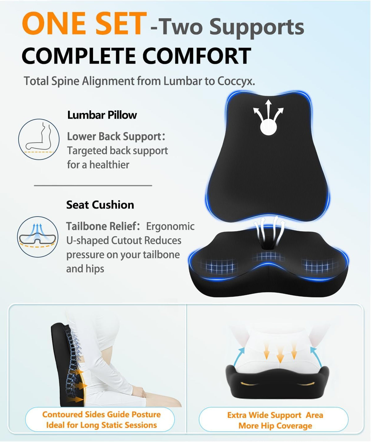 Lumbar Support Pillow & Seat Cushion for Office Chair, Memory Foam Office Chair Cushion for Tailbone Pain Relief and Lower Back Support, Ergonomic Desk Chair Cushion for Gaming,Wheelchair,Home