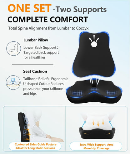 Lumbar Support Pillow & Seat Cushion for Office Chair, Memory Foam Office Chair Cushion for Tailbone Pain Relief and Lower Back Support, Ergonomic Desk Chair Cushion for Gaming,Wheelchair,Home