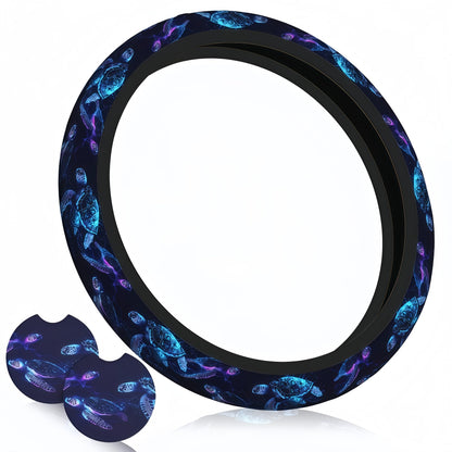 Checkered Black Brown Steering Wheel Cover 15 Inch Car + 2 pc Car Coasters
