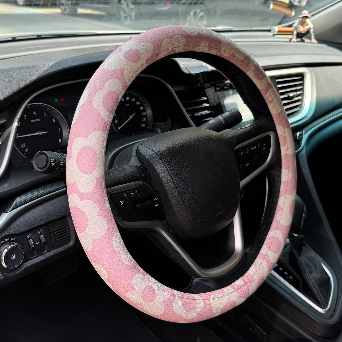 Vintage Groovy Flowers Car Leather Steering Wheel Cover - 15-inch Universal Microfiber- Soft & Breathable & Silicone Anti Slip Auto Steering Wheel Wrap for Women (Black)