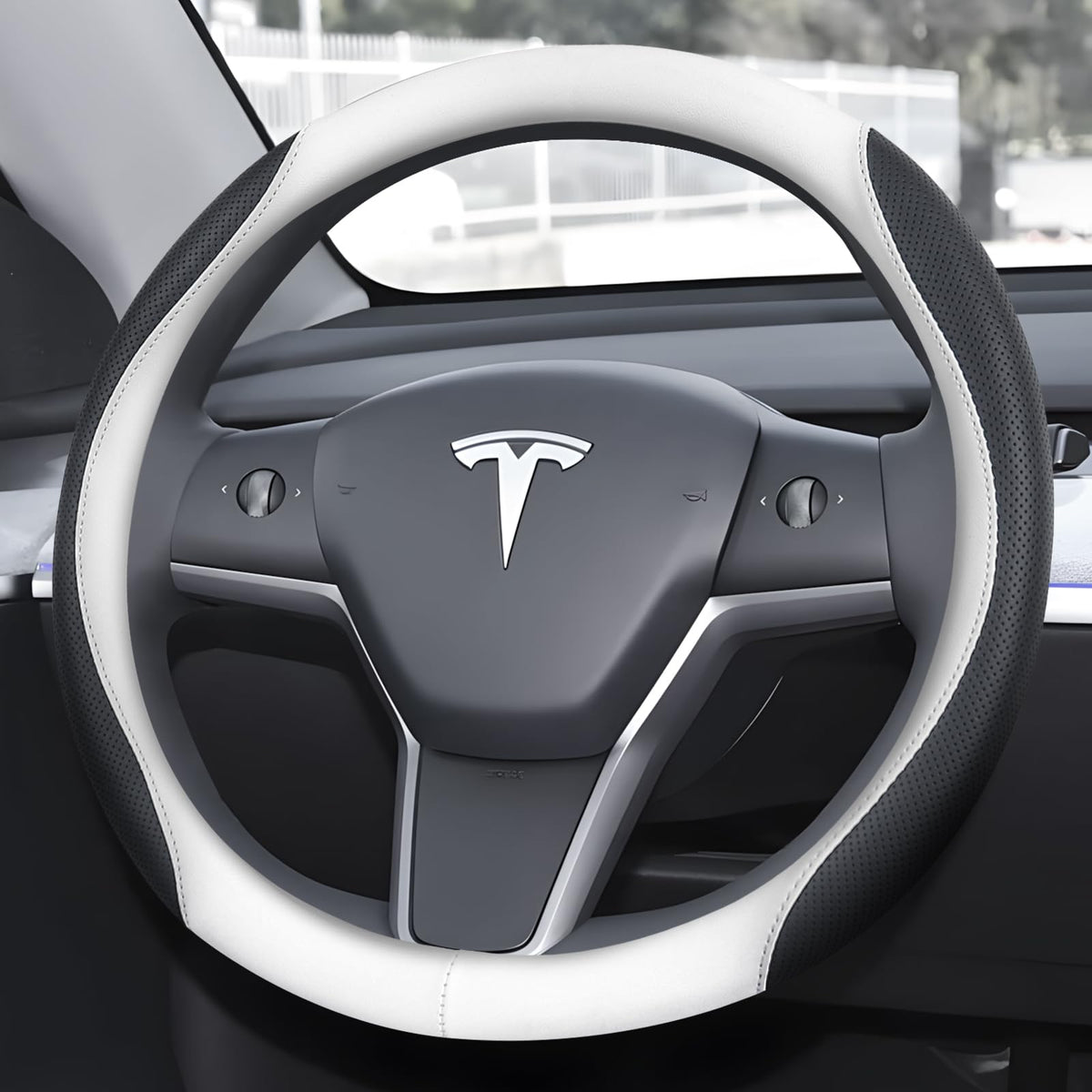 Ouzorp Nappa Leather Steering Wheel Cover for Tesla Model 3 2016-2025 Highland and Model Y 2020-2026 Juniper with Anti-Slip & Breathable Surface-Black