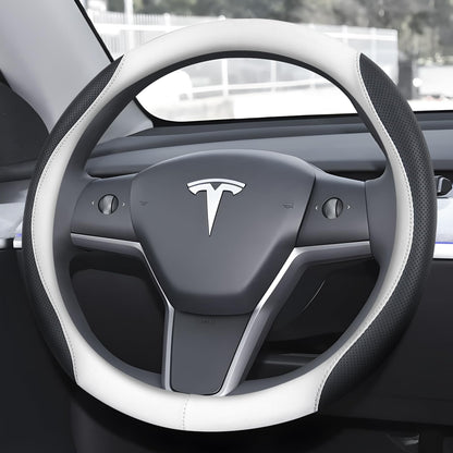 Ouzorp Nappa Leather Steering Wheel Cover for Tesla Model 3 2016-2025 Highland and Model Y 2020-2026 Juniper with Anti-Slip & Breathable Surface-Black