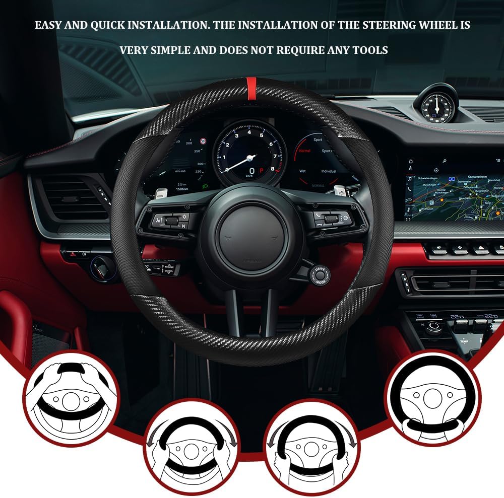 Car Steering Wheel Cover, Steering Wheel Accessories, 15 Inch Microfiber Leather Carbon Fiber Soft Anti-Slip Breathable, Car Accessories Elastic Non-Slip Cover for Most Vehicles