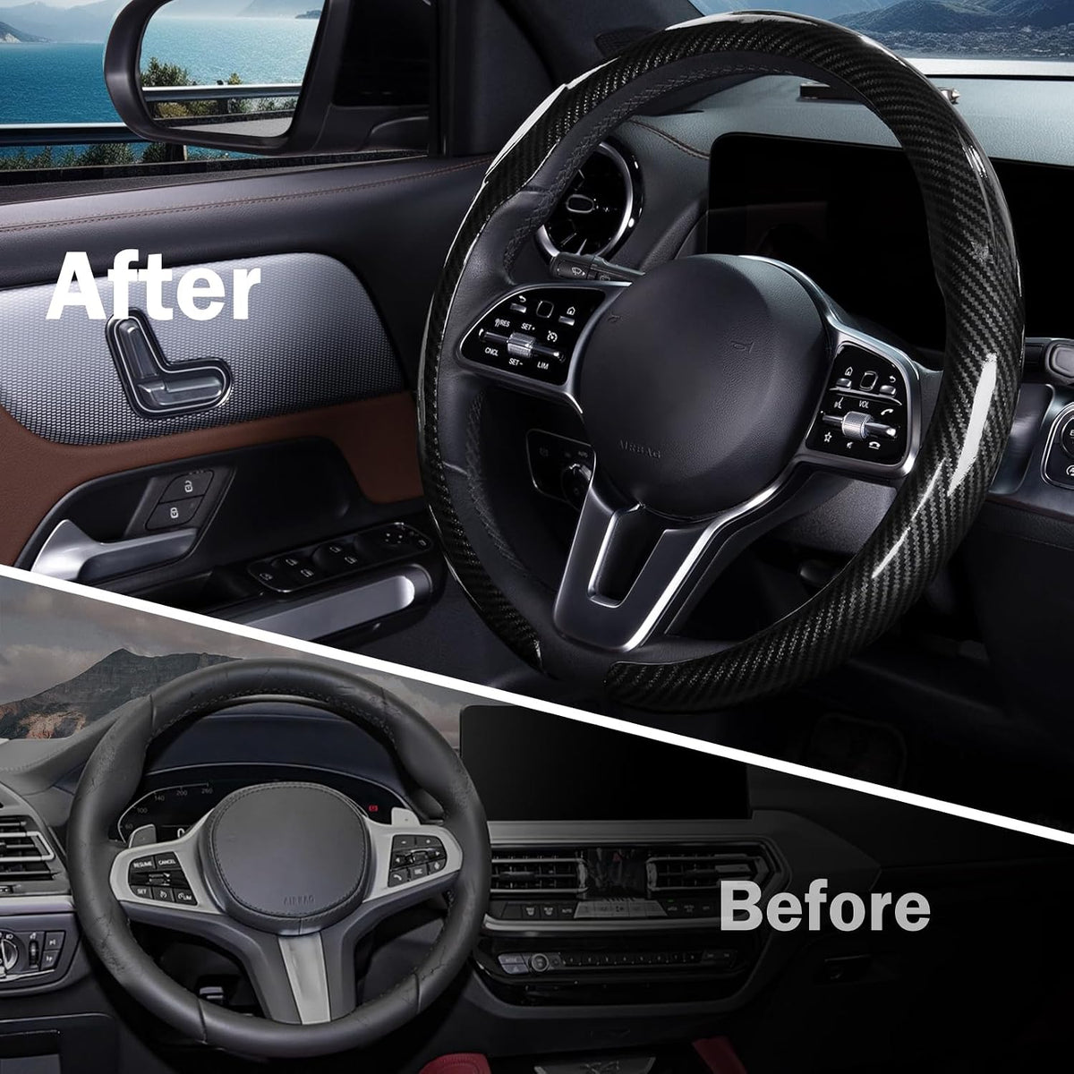 Steering Wheel Cover Carbon Fiber Car Steering Wheel Cover, Glossy Black