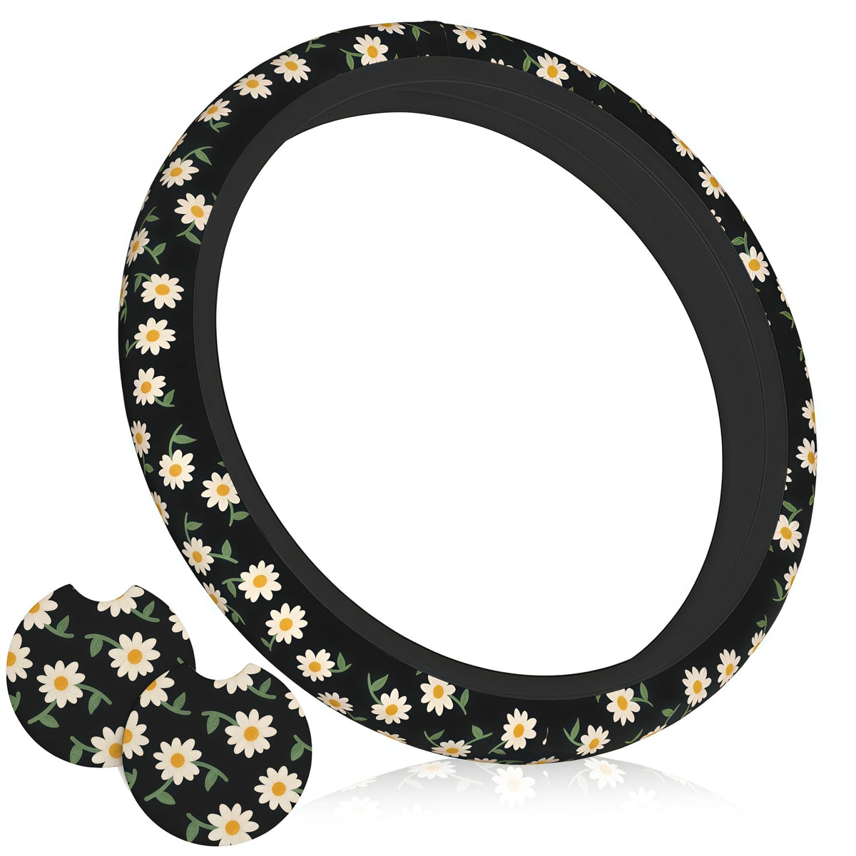 Wildflower Car Steering Wheel Cover 15 in, 2 Cute Floral Car Coasters