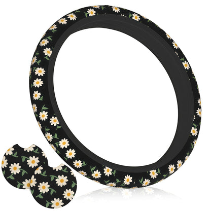 Wildflower Car Steering Wheel Cover 15 in, 2 Cute Floral Car Coasters