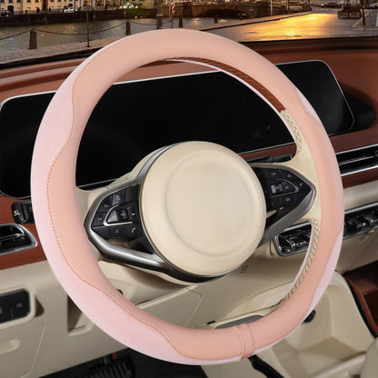 Nappa Leather Ice Silk Fabric Pink Steering Wheel Cover Women