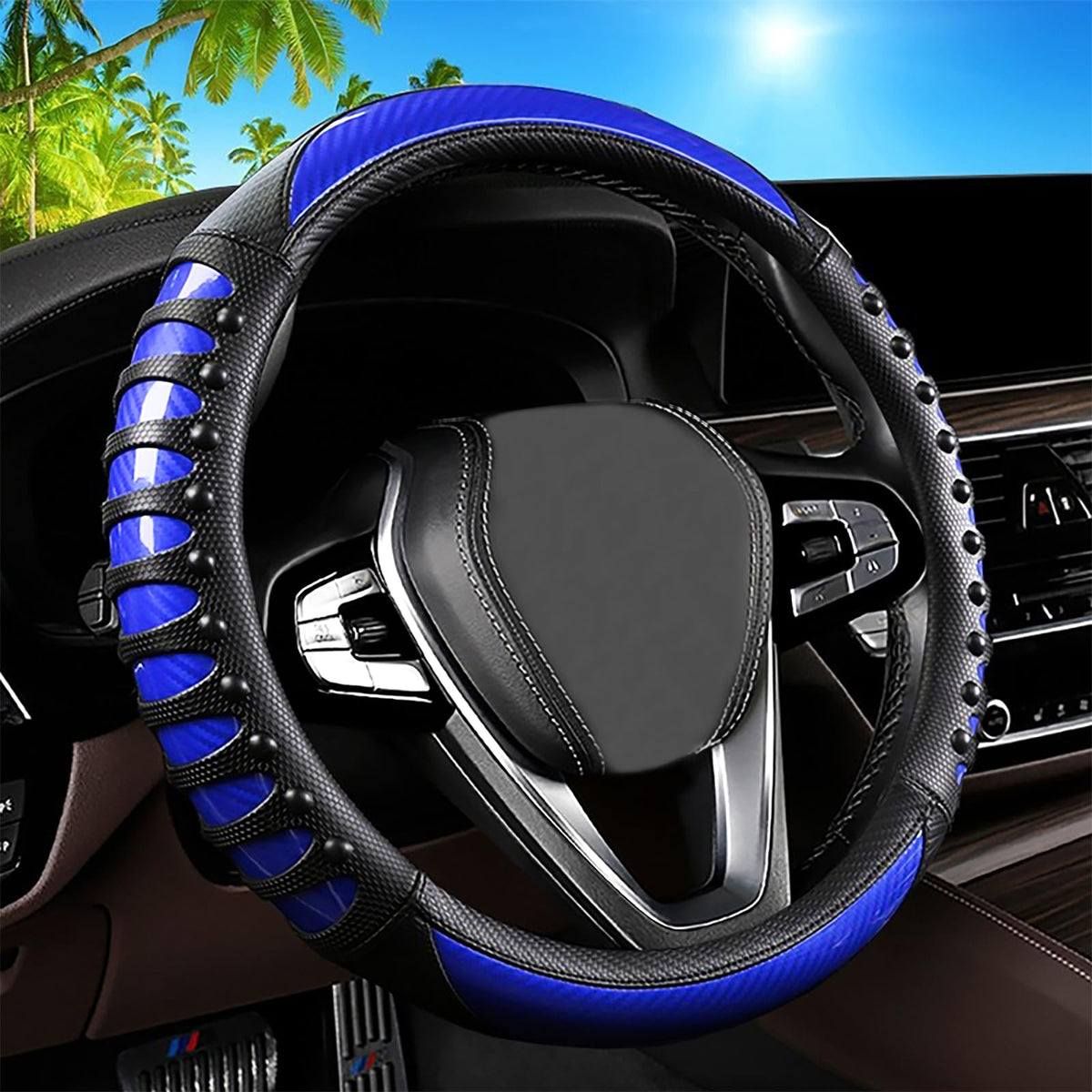 Blue Embroidery Butterfly Car Steering Wheel Cover,14.5-15 Inch Universal Leather Covers Breathable Anti-Slip Odorless Steering Wheels Accessories for Men Women