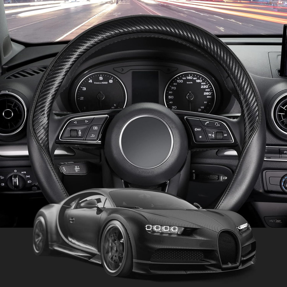 SEG Direct Steering Wheel Cover 14.5"-15" Heavy-Duty, Black Carbon Fiber