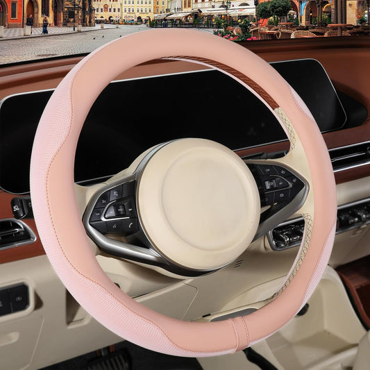 Nappa Leather Ice Silk Fabric Pink Steering Wheel Cover Women