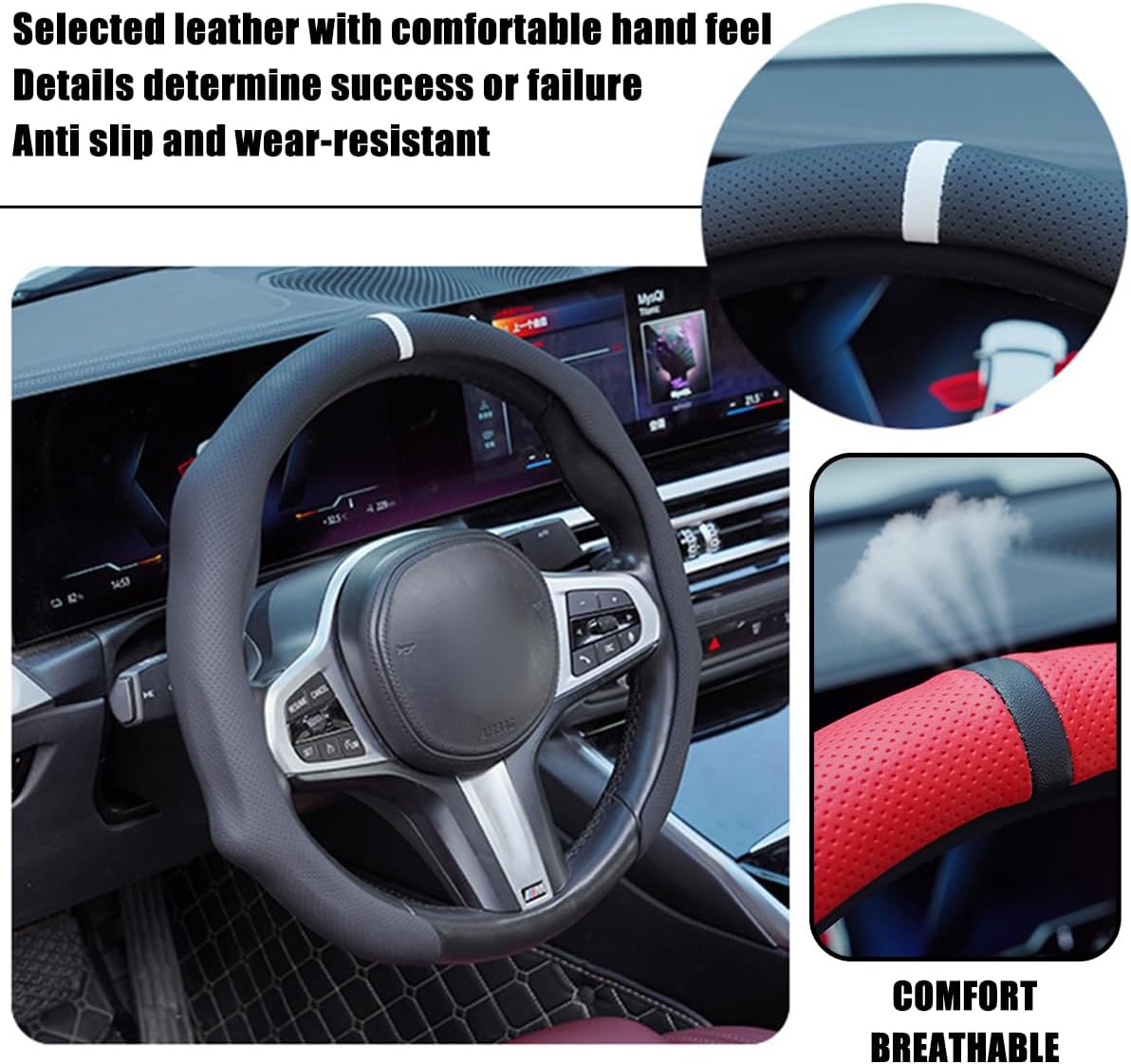 Osilly 15 Inch Nappa Leather Steering Wheel Cover, Spliced Design, Black