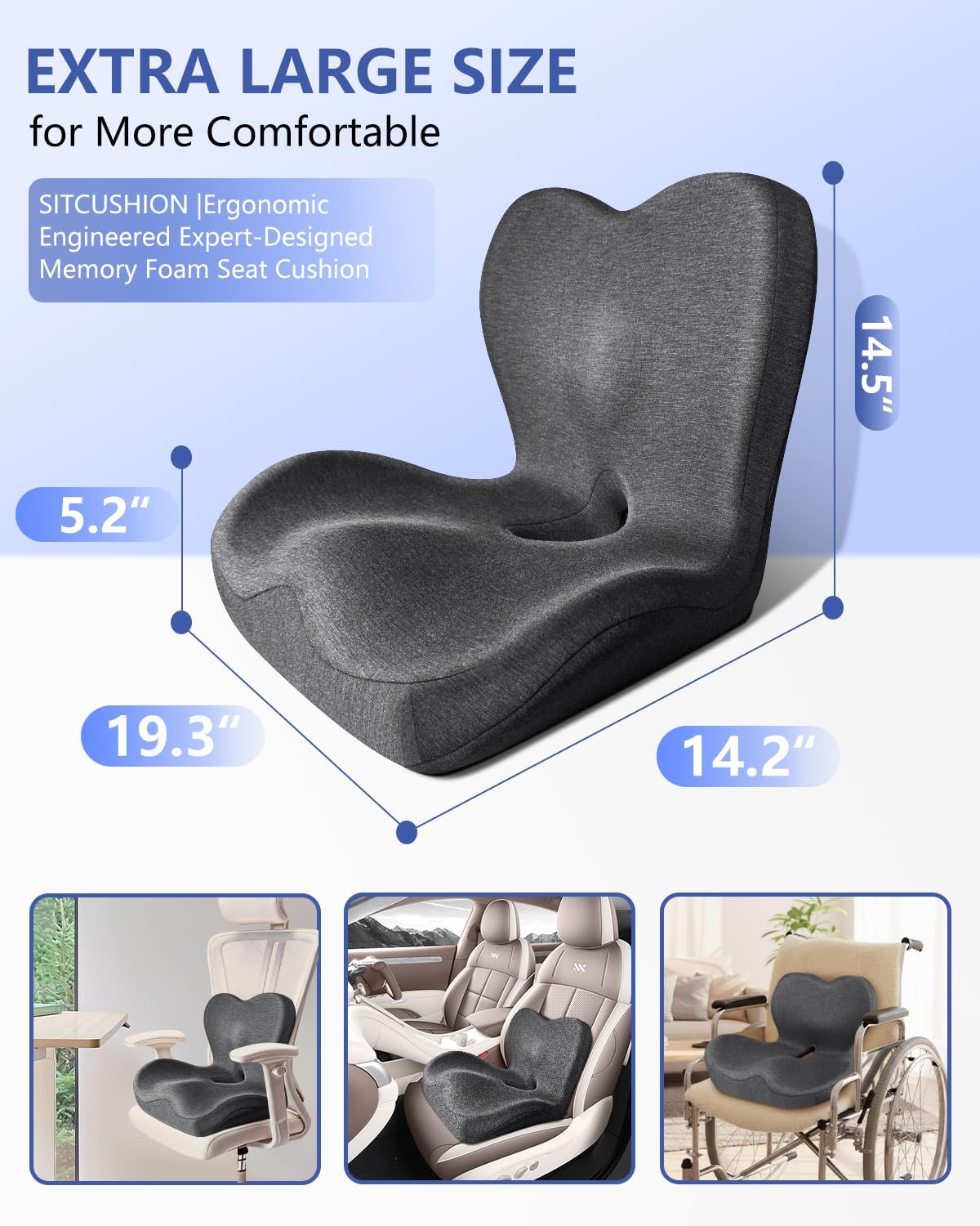 Seat Cushion with Back Support,Lumbar Support Pillow for Office Chair,X Large Memory Foam Chair Cushions for Sciatica Tailbone Pain Relief Coccyx Pad for Wheelchair, Car, Home, Office, Desk