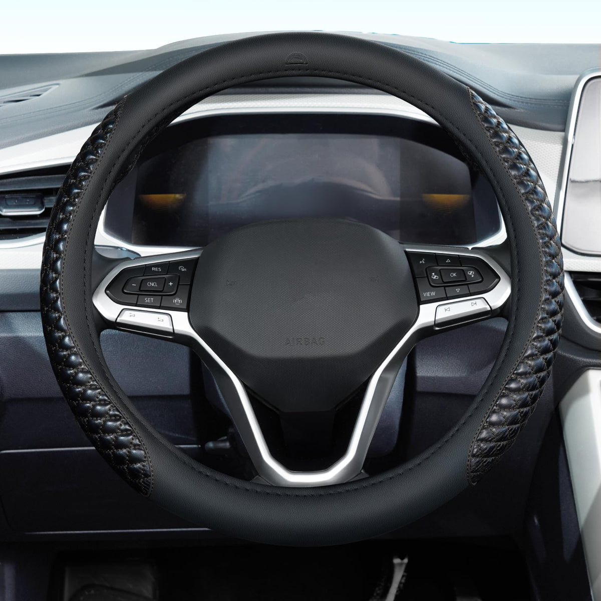 Coverado Car Steering Wheel Cover, Nappa Leather Black & Gray Steering Wheel Covers, Universal 14-15 inch, Anti-Slip, Breathable Steering Wheel Protector for Women Men