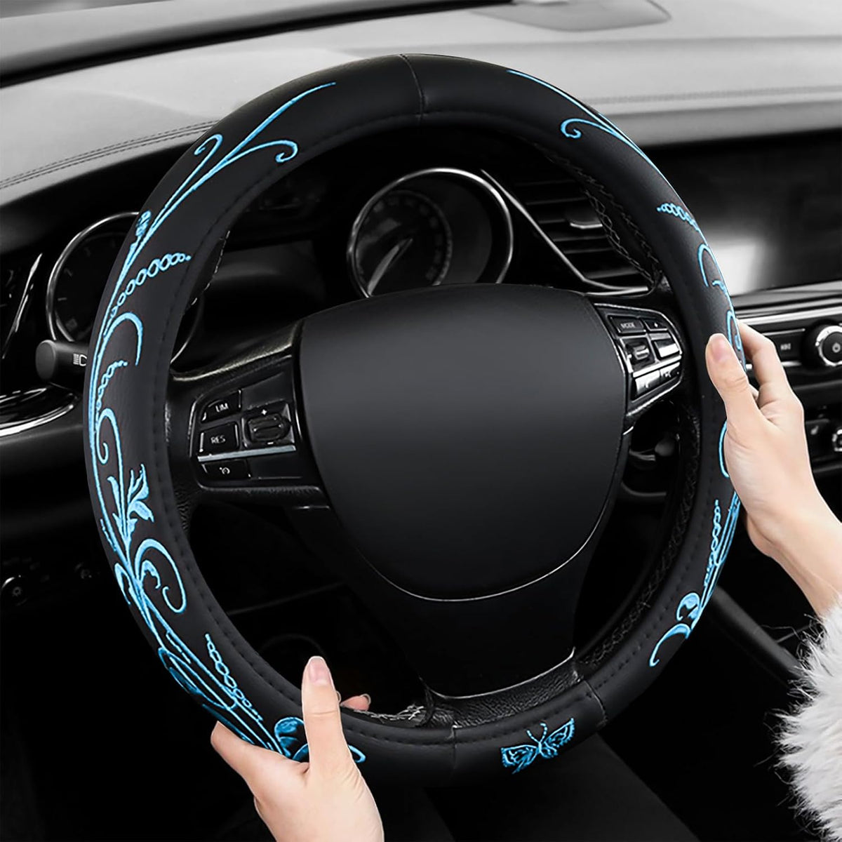 Blue Embroidery Butterfly Car Steering Wheel Cover,14.5-15 Inch Universal Leather Covers Breathable Anti-Slip Odorless Steering Wheels Accessories for Men Women