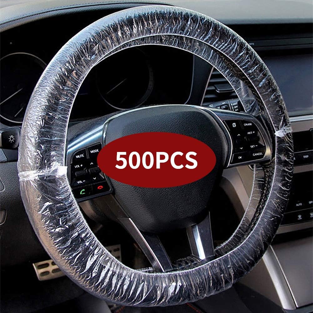 ICWEIMEI 500PCS Universal Disposable Steering Wheel Cover Plastic Transparent Car Steering Wheel Covers with Elastic Trims for Steering Wheels