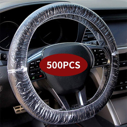 ICWEIMEI 500PCS Universal Disposable Steering Wheel Cover Plastic Transparent Car Steering Wheel Covers with Elastic Trims for Steering Wheels