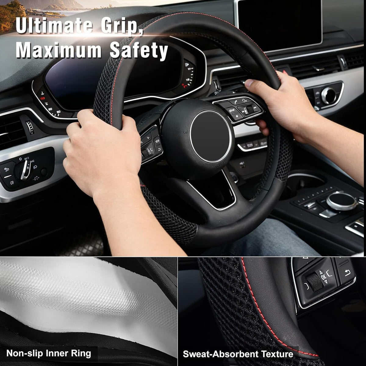 KAFEEK Steering Wheel Cover, Cooling Ice Silk Leather, 15 Inch, Black