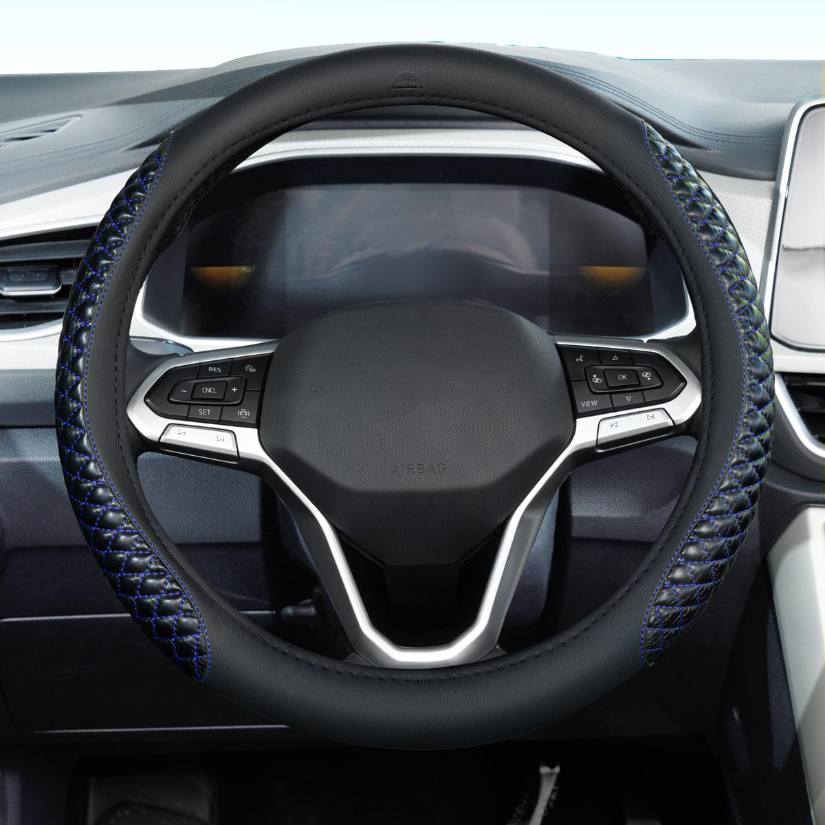 Coverado Car Steering Wheel Cover, Nappa Leather Black & Gray Steering Wheel Covers, Universal 14-15 inch, Anti-Slip, Breathable Steering Wheel Protector for Women Men