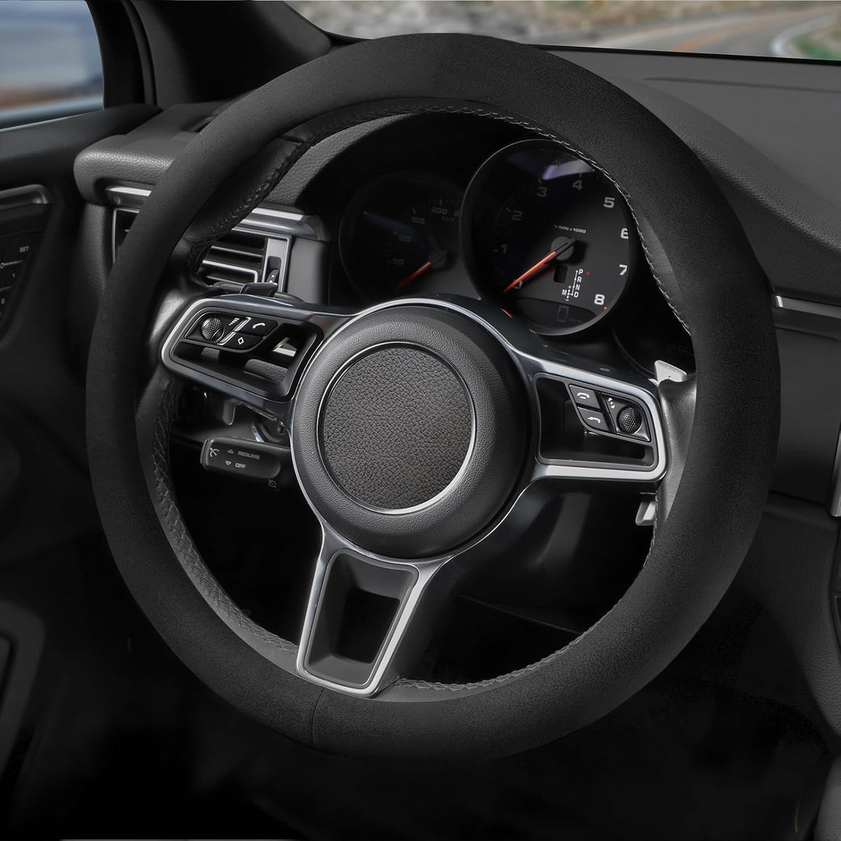Suede Steering Wheel Cover with Upgraded Silicone Inner Ring, Breathable, Anti-Slip, Leather Universal 14.5 to 15 Inch Steering Wheel Cover (Black with Red Mark)