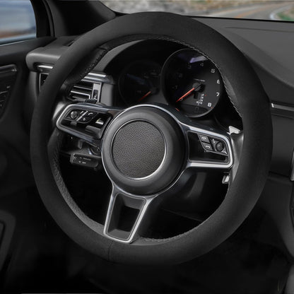 Suede Steering Wheel Cover with Upgraded Silicone Inner Ring, Breathable, Anti-Slip, Leather Universal 14.5 to 15 Inch Steering Wheel Cover (Black with Red Mark)
