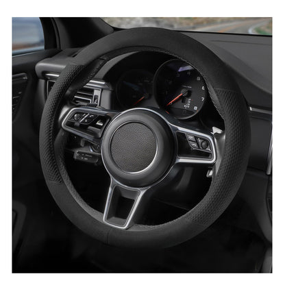 Suede Steering Wheel Cover with Upgraded Silicone Inner Ring, Breathable, Anti-Slip, Leather Universal 14.5 to 15 Inch Steering Wheel Cover (Black with Red Mark)