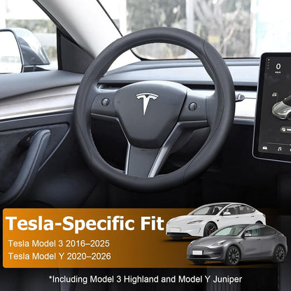 Ouzorp Nappa Leather Steering Wheel Cover for Tesla Model 3 2016-2025 Highland and Model Y 2020-2026 Juniper with Anti-Slip & Breathable Surface-Black