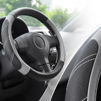 Elantrip Sport Leather Steering Wheel Cover 14 1/2 inch to 15 inch Universal, Padded Soft Grip Breathable for Car Truck SUV Jeep, Anti Slip Odorless Black and Beige