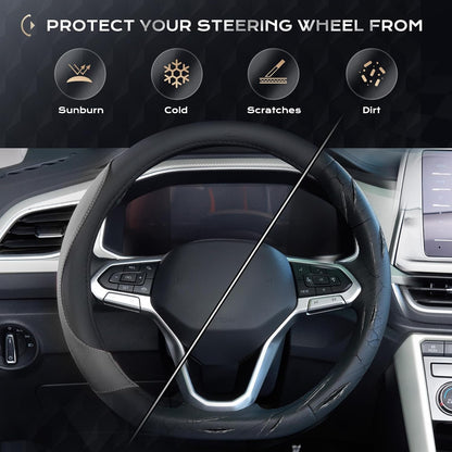 Coverado Car Steering Wheel Cover, Nappa Leather Black & Gray Steering Wheel Covers, Universal 14-15 inch, Anti-Slip, Breathable Steering Wheel Protector for Women Men