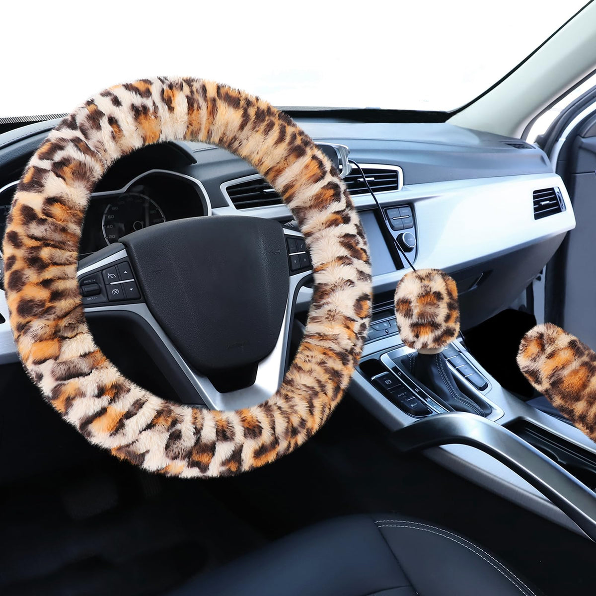 Accmor Fuzzy Car Steering Wheel Cover, Universal Fit Fur Auto Wheel Cover & Handbrake Cover & Gear Shift Cover Set, Leopard Warm Fluffy Vehicle Wheel Protector Car Accessories for Men Women (Brown)