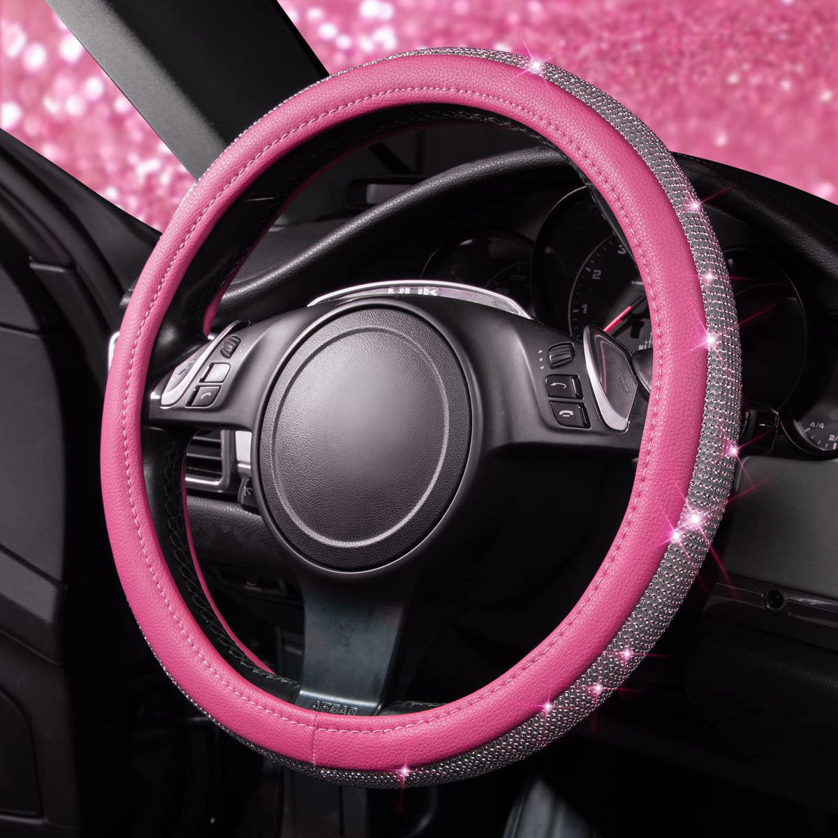 CAR PASS Bling Diamond Steering Wheel Cover Leopard Pattern, Sparkly Crystal Glitter Rhinestones Black Leather Wheel Protect for Women Girl Fit Suvs,Vans,Sedans,Cars,Trucks, 14" 1/2-15" Gold Leopard