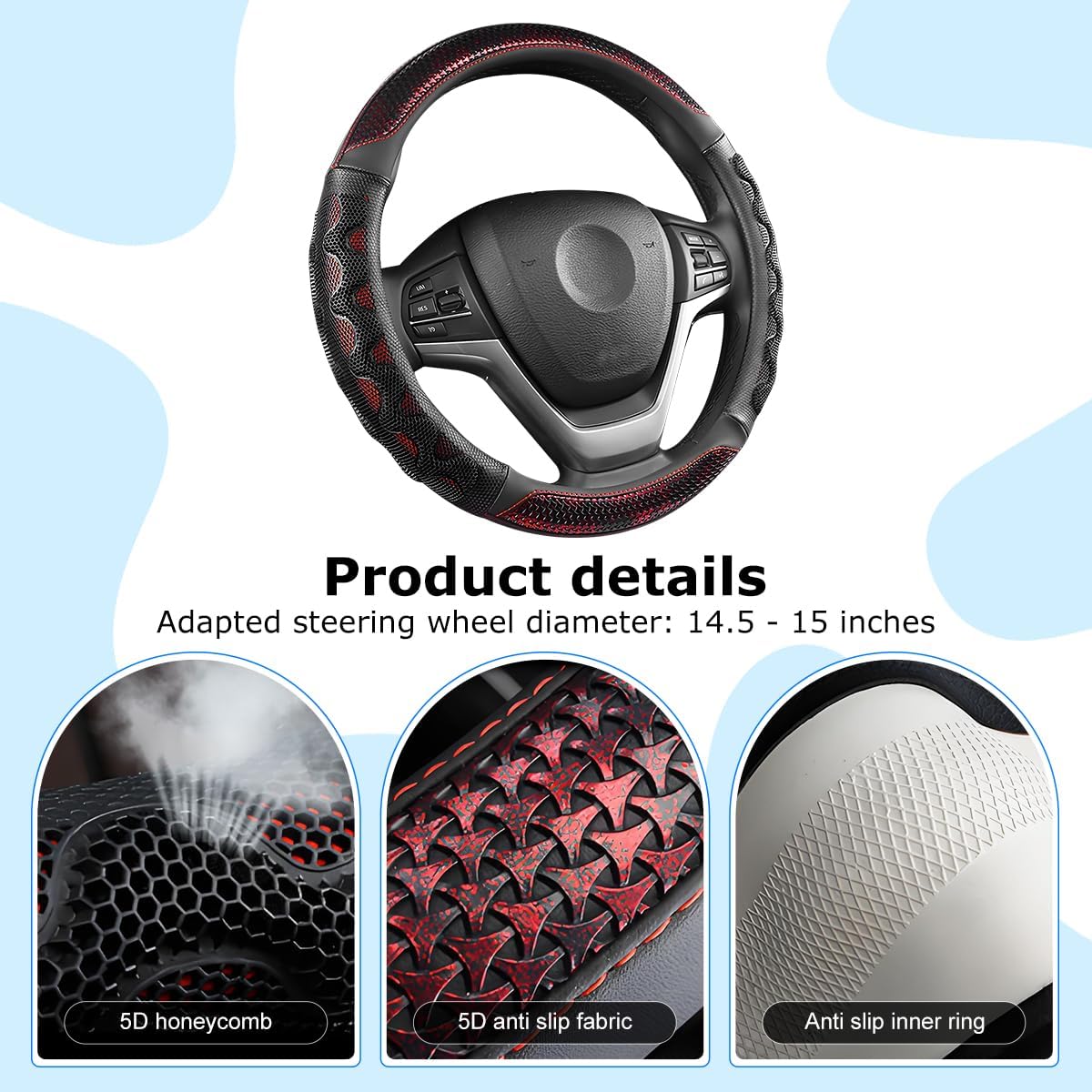 Car Steering Wheel Cover, 3D Honeycomb Anti-Slip Breathable, Red