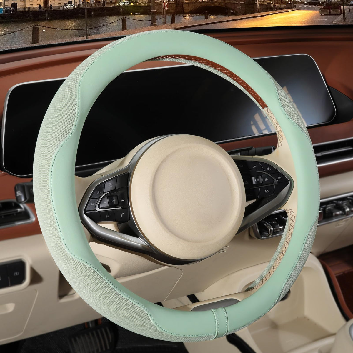 Nappa Leather Ice Silk Fabric Pink Steering Wheel Cover Women