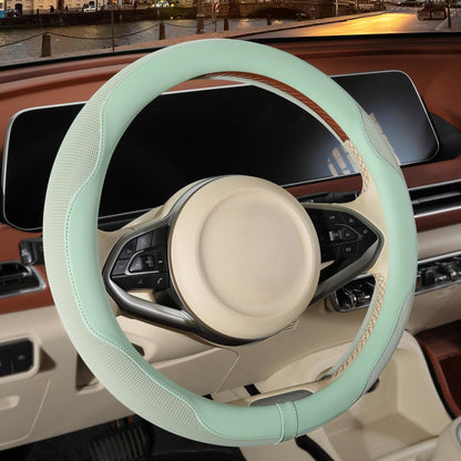 Nappa Leather Ice Silk Fabric Pink Steering Wheel Cover Women