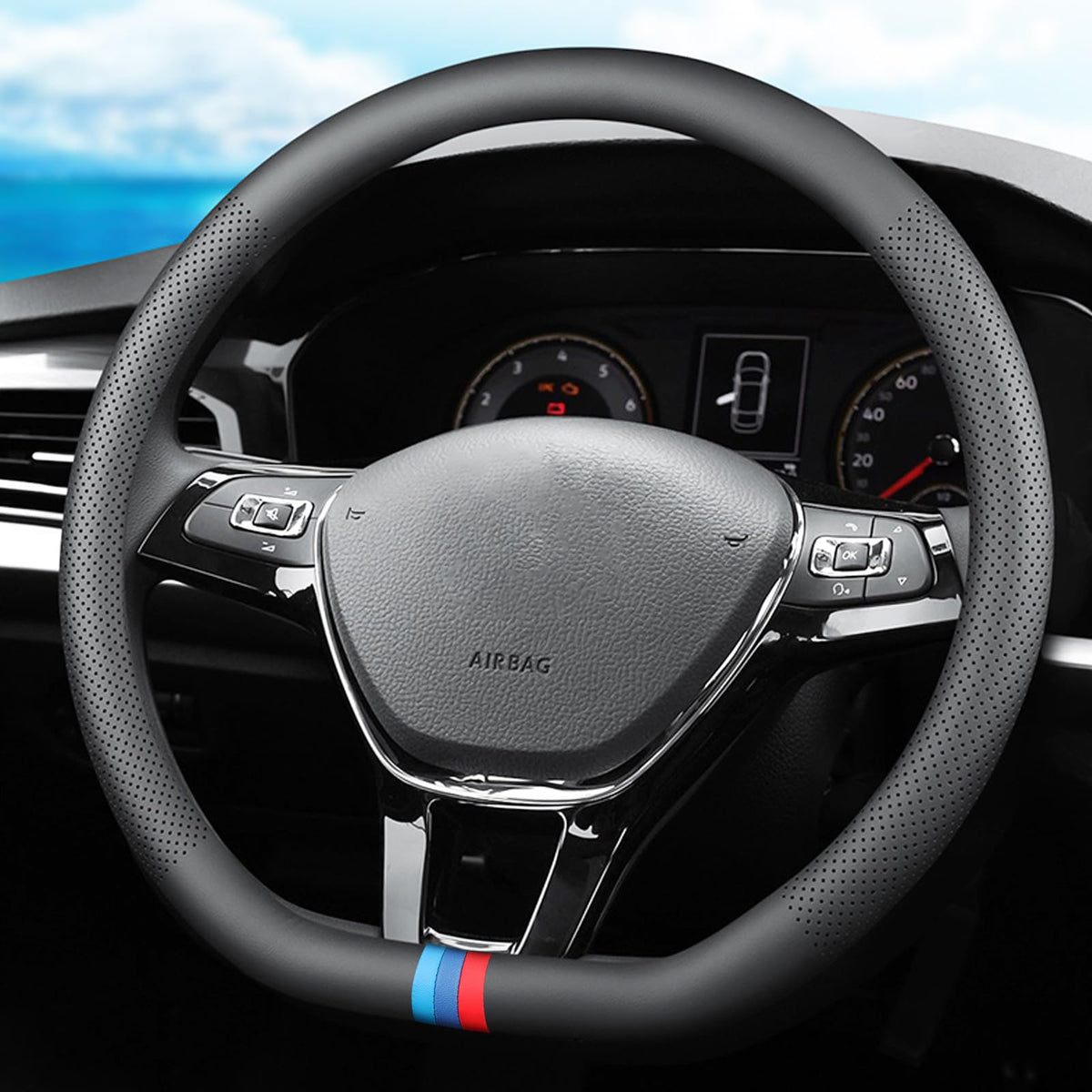 Blue Embroidery Butterfly Car Steering Wheel Cover,14.5-15 Inch Universal Leather Covers Breathable Anti-Slip Odorless Steering Wheels Accessories for Men Women