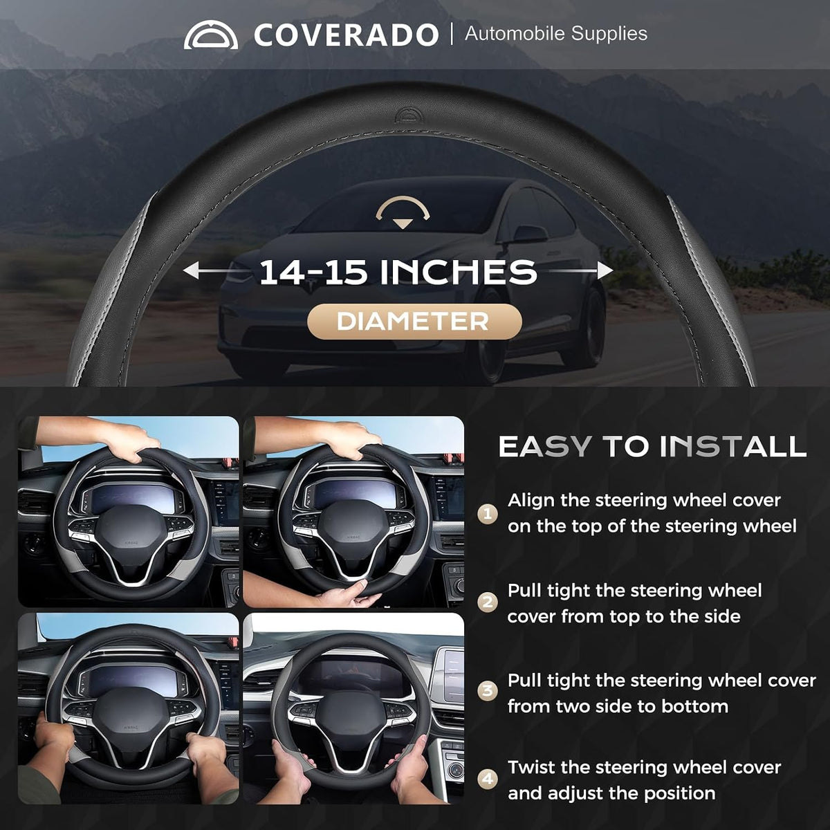 Coverado Car Steering Wheel Cover, Nappa Leather Black & Gray Steering Wheel Covers, Universal 14-15 inch, Anti-Slip, Breathable Steering Wheel Protector for Women Men