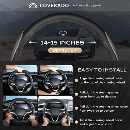 Coverado Car Steering Wheel Cover, Nappa Leather Black & Gray Steering Wheel Covers, Universal 14-15 inch, Anti-Slip, Breathable Steering Wheel Protector for Women Men