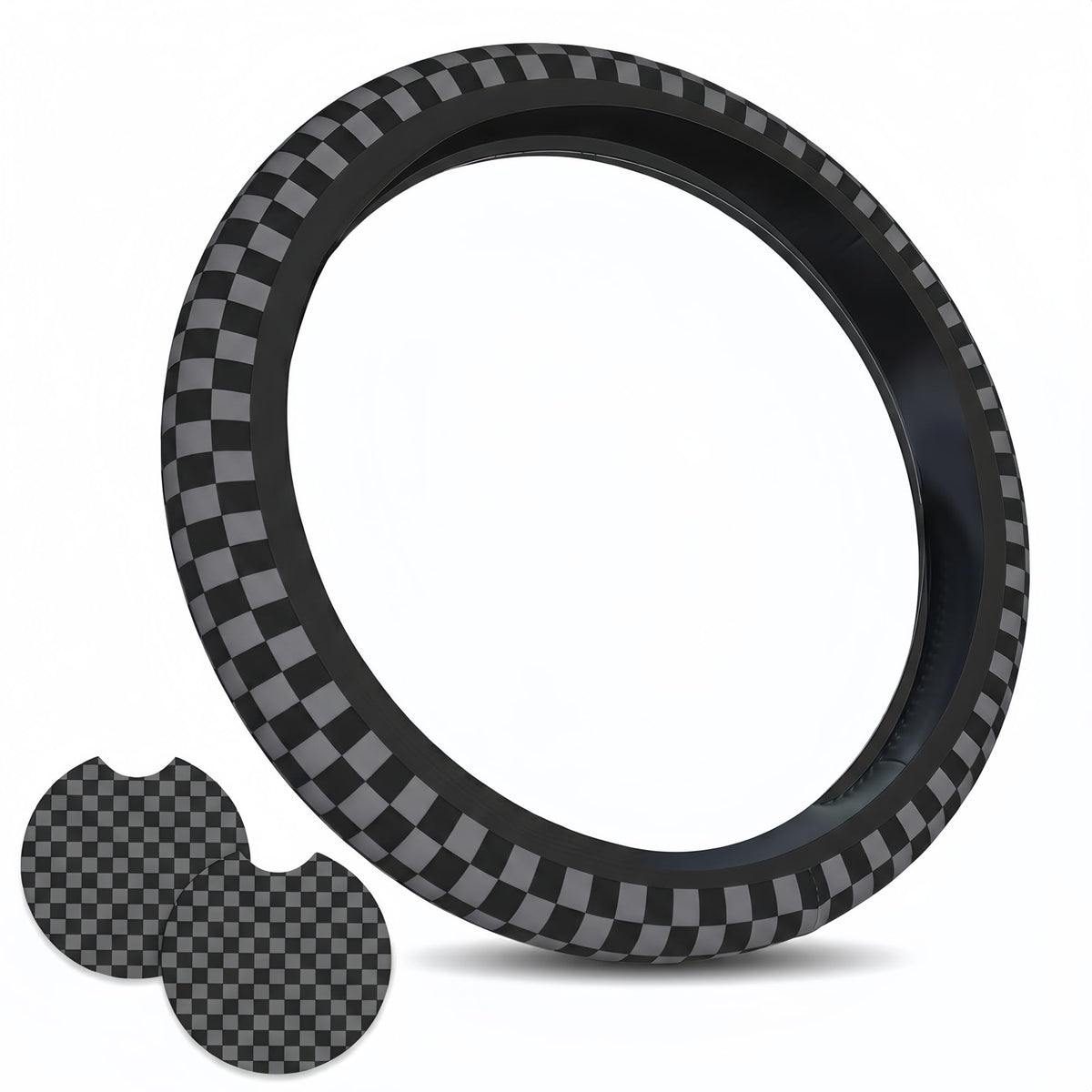 Checkered Black Brown Steering Wheel Cover 15 Inch Car + 2 pc Car Coasters