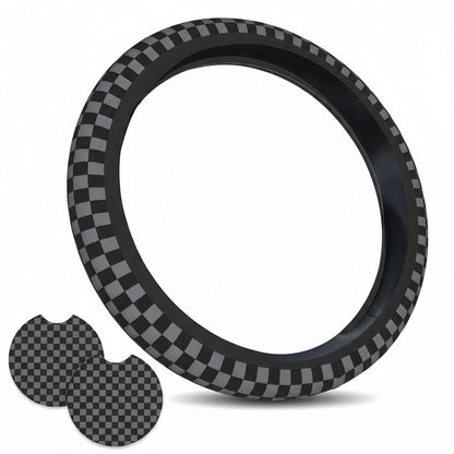 Checkered Black Brown Steering Wheel Cover 15 Inch Car + 2 pc Car Coasters