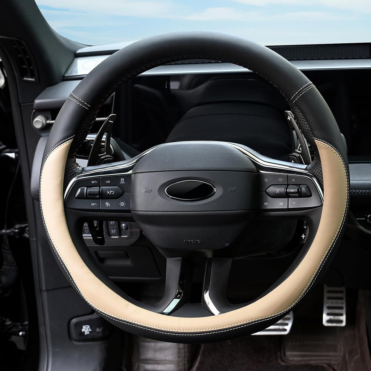 Valleycomfy Microfiber Leather Steering Wheel Cover Universal 15 inch (Beige)