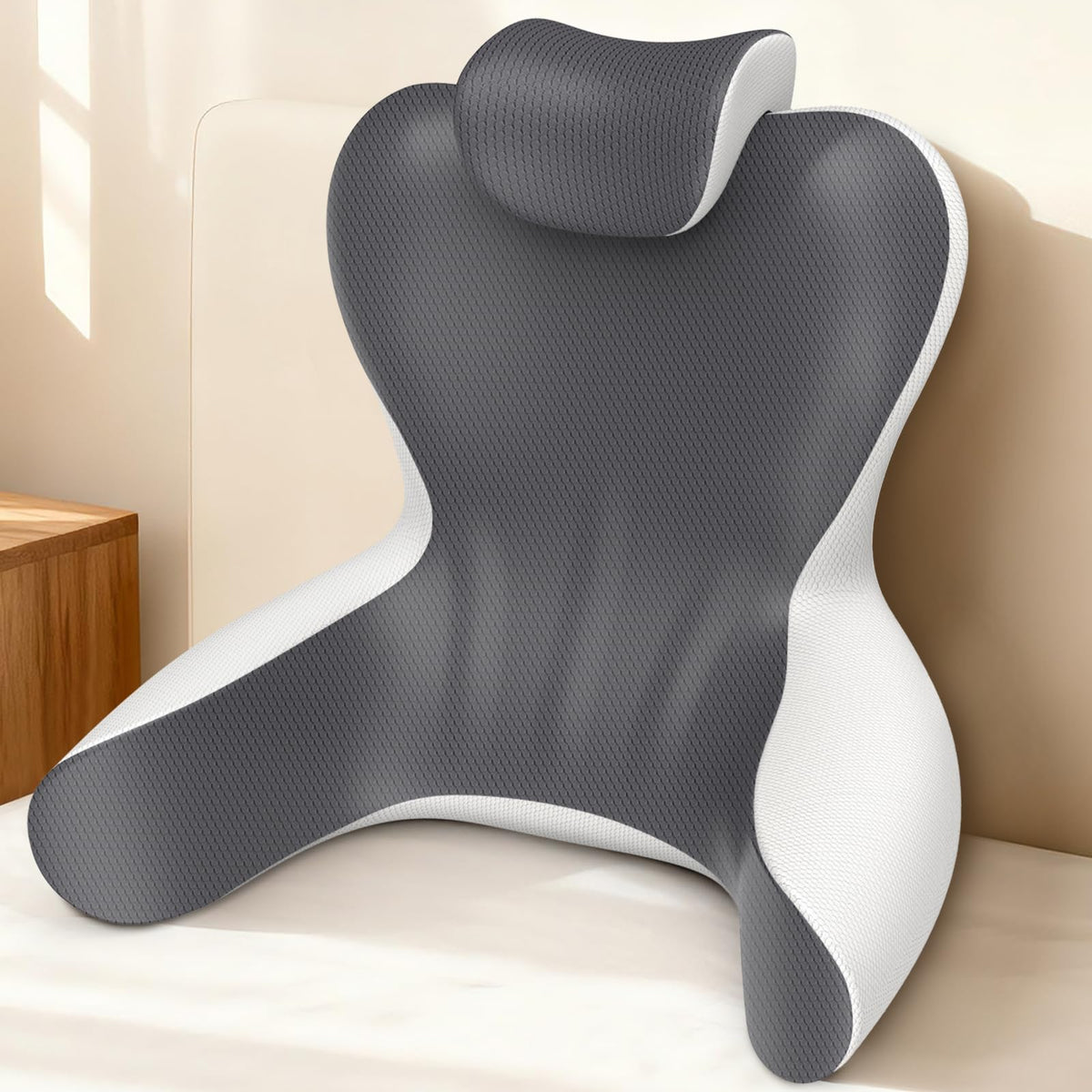 22" XL Reading Pillow Sitting in Bed,Back Support & Armrests(Grey & Blue)