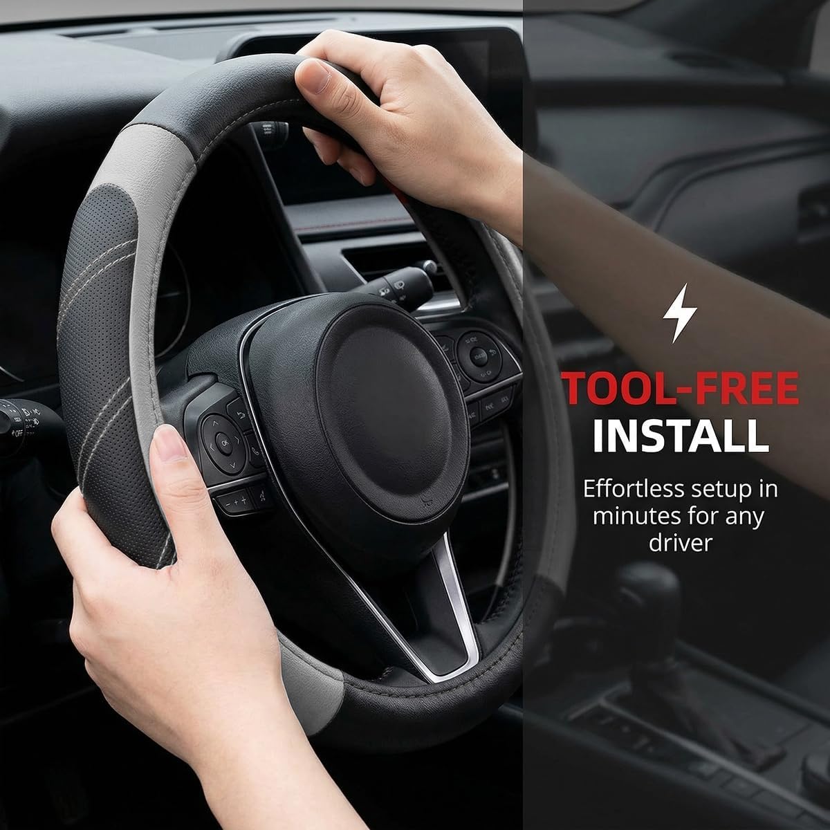 14.5-15 Inch Leather Steering Wheel Cover, Non Slip, Black/Gray
